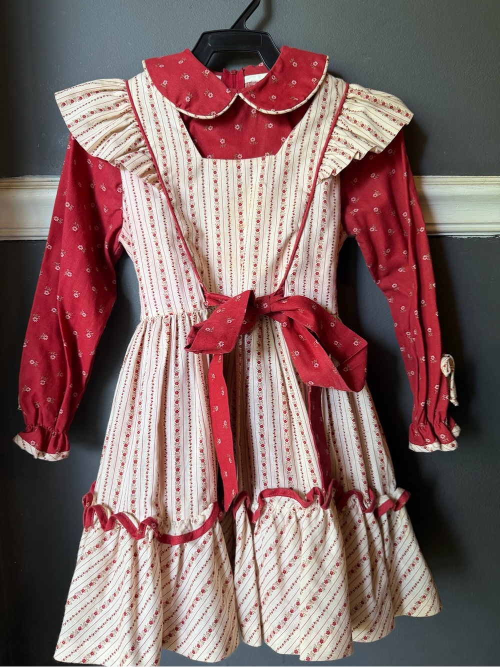 Red and Cream Vintage-Style Ruffled Pinafore Dress